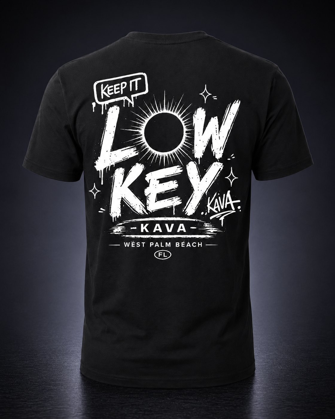 Keep It Lowkey tee &mdash; back graphic with KEEP IT LOWKEY KAVA eclipse design and West Palm Beach banner on a black background
